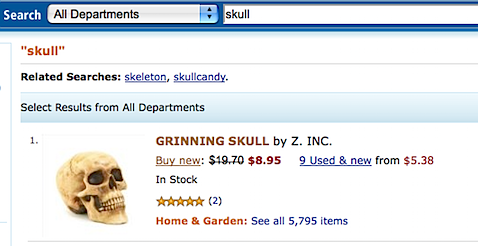 Screen shot of an amazon search page with a skull listed as being part of the home and garden department