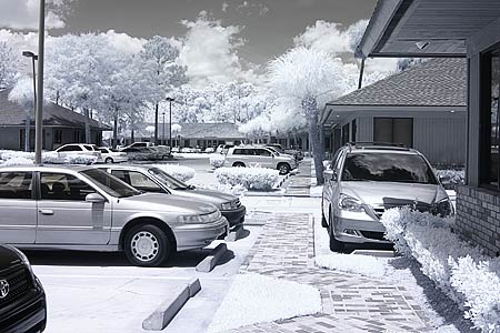 A black and white photo of a parking lot taken with an infrared camera which increases the contrast of the sky and makes greenery white